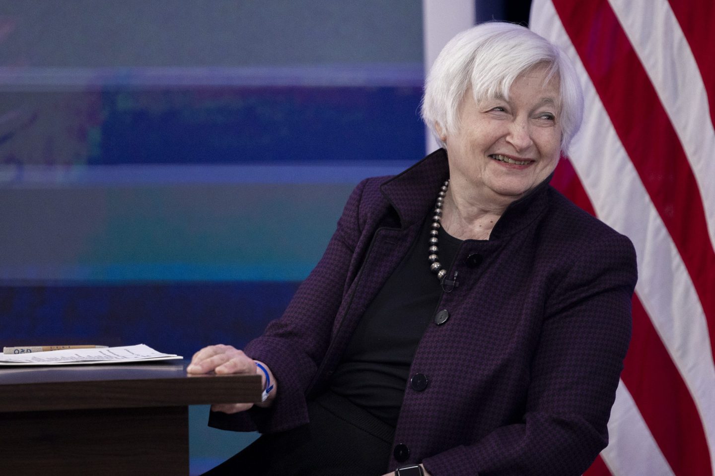 Treasury Secretary Janet Yellen waits for President Joe Biden to arrive at a National Economic Council roundtable at the White House on November 18th, 2022.