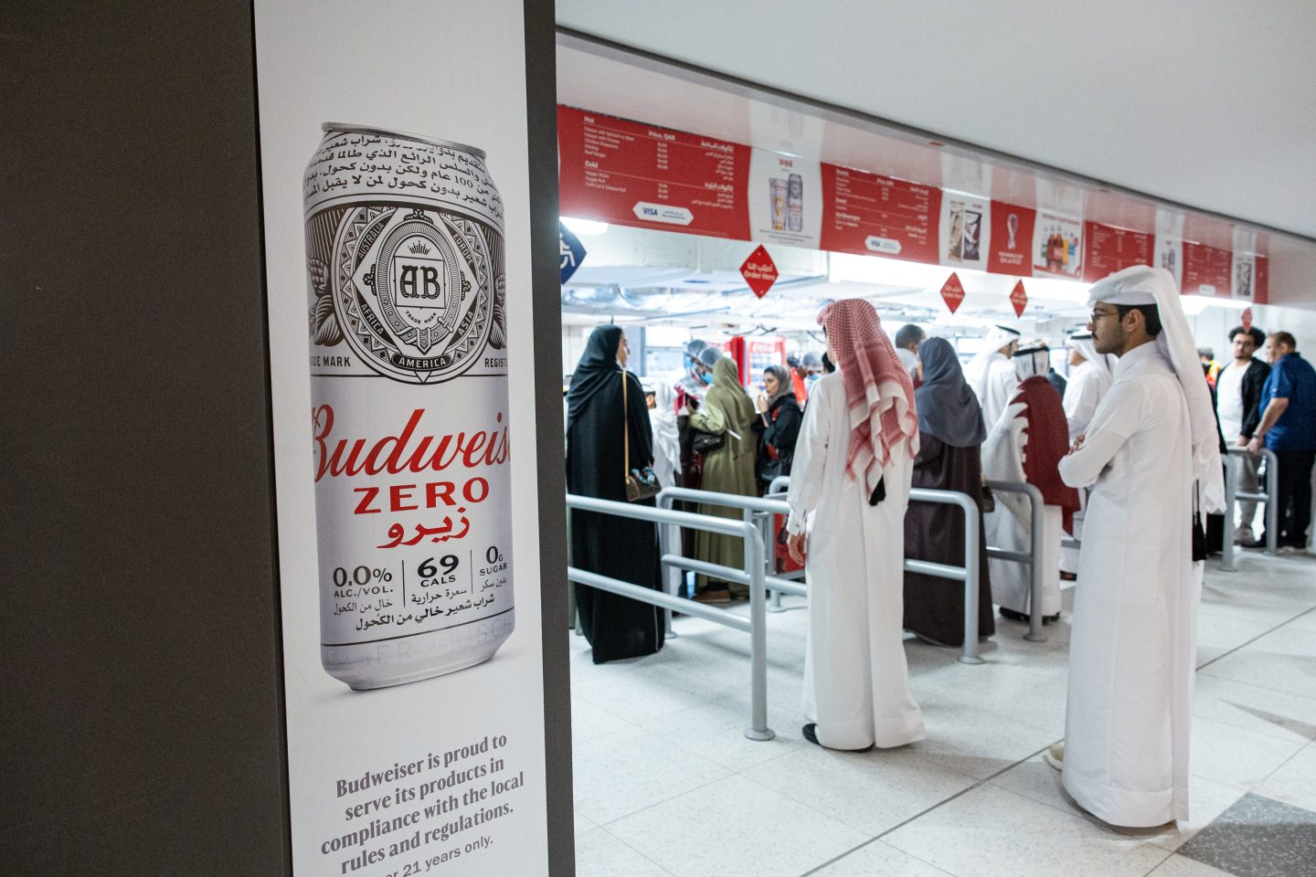 Budweiser Zero is served ahead of the first match of the FIFA World Cup at Al Bayt Stadium in Al Khor, Qatar.