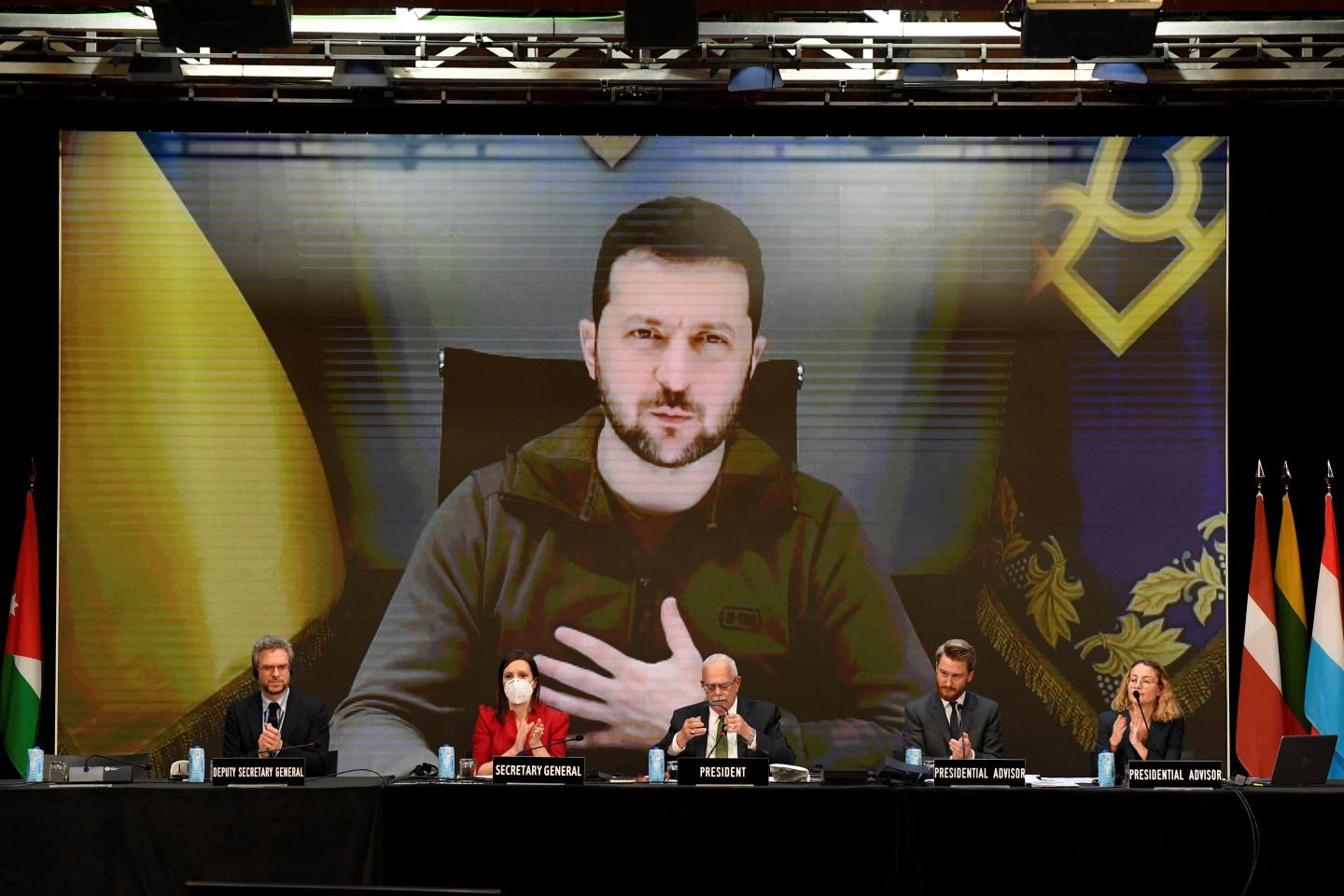Ukraine President Volodymyr Zelensky appearing virtually at a NATO summit
