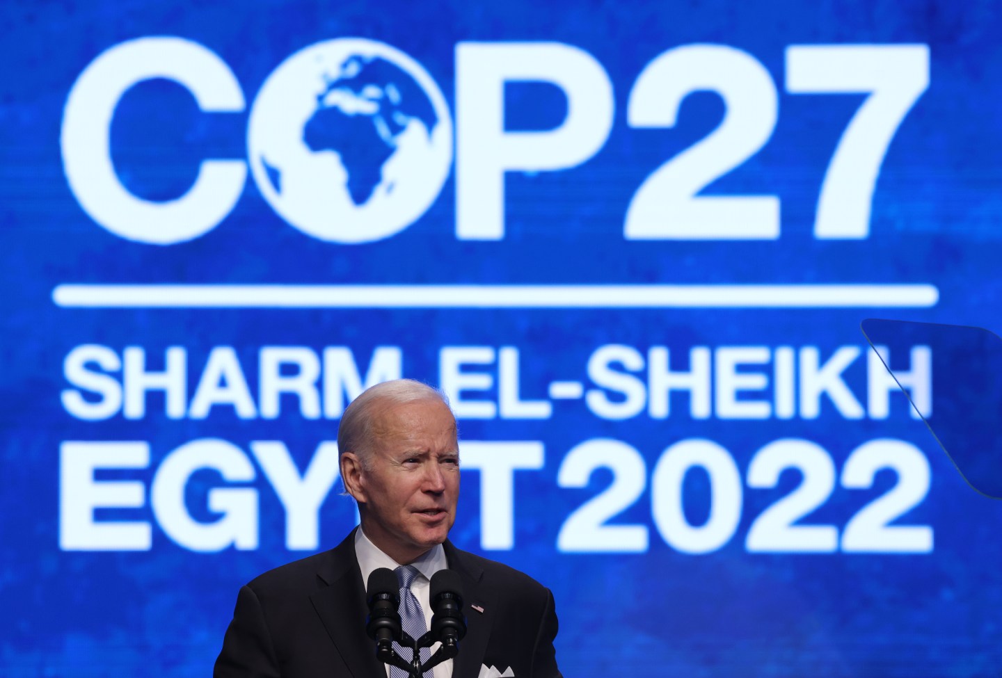 SHARM EL SHEIKH, EGYPT &#8211; NOVEMBER 11: U.S. President Joe Biden speaks at the UNFCCC COP27 climate conference on November 11, 2022 in Sharm El Sheikh, Egypt. The conference is bringing together political leaders and representatives from 190 countries to discuss climate-related topics including climate change adaptation, climate finance, decarbonisation, agriculture and biodiversity. The conference is running from November 6-18. (Photo by Sean Gallup/Getty Images)