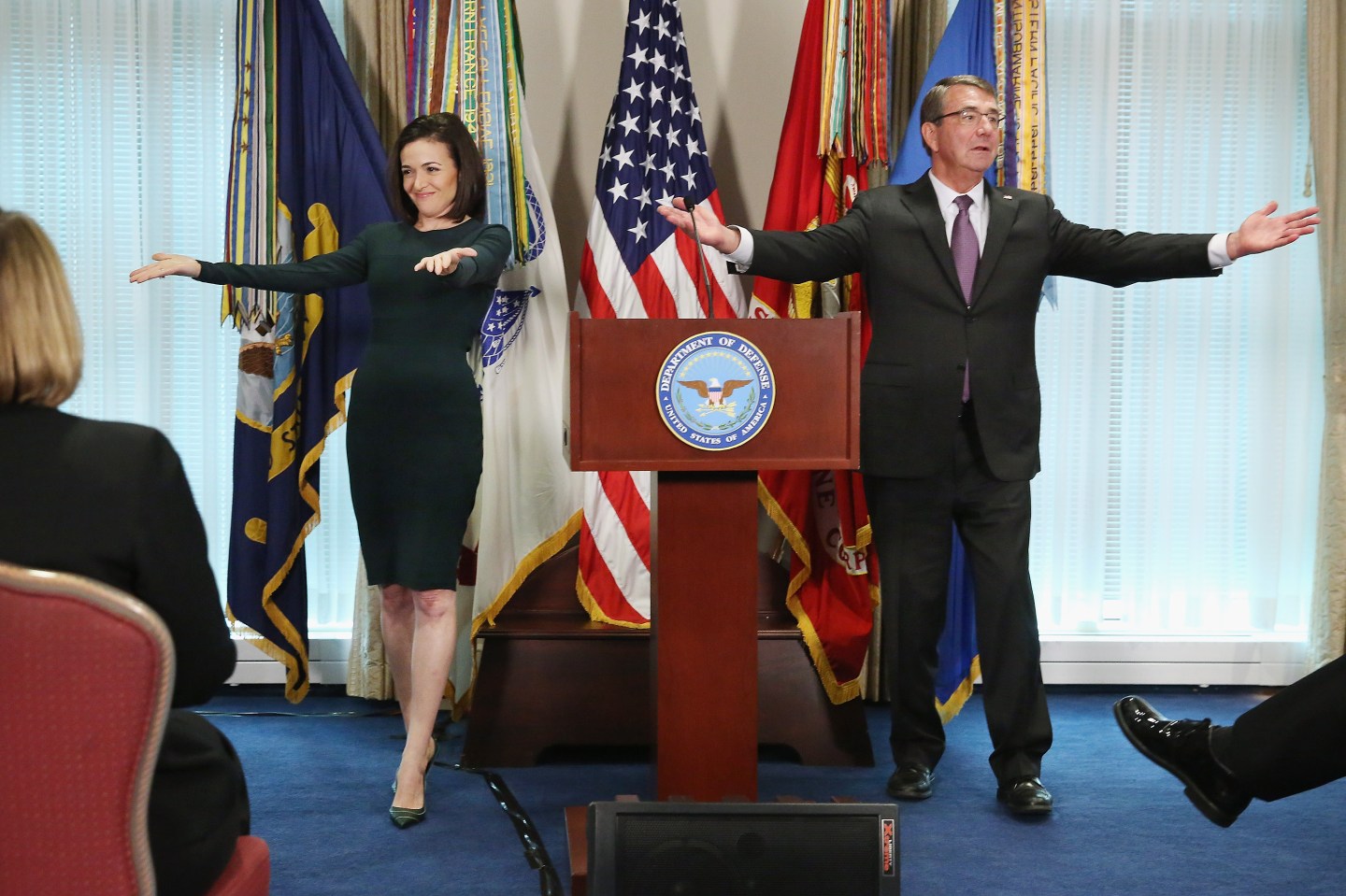 Late Secretary of Defense Ashton Carter holds a session with Sheryl Sandberg and female members of the military in 2015. Carter was known for his gender-equal views and his collaboration with Silicon Valley.