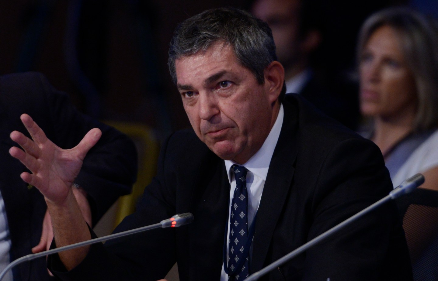 EU ambassador to the US Stavros Lambrinidis speaking on stage in 2017