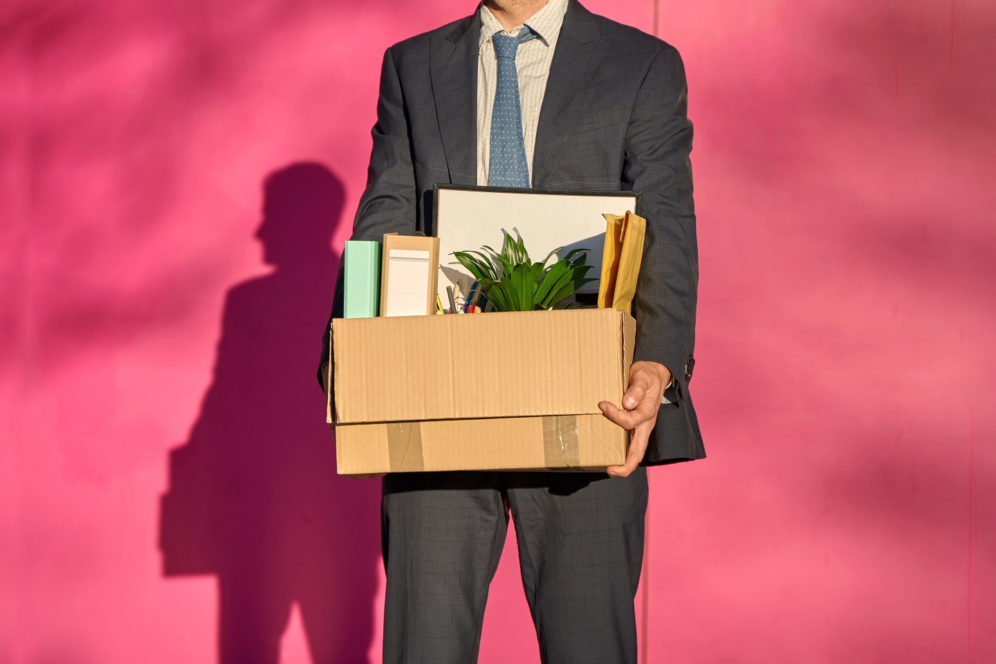 Businessman carrying box with personal belonging on sunny day.