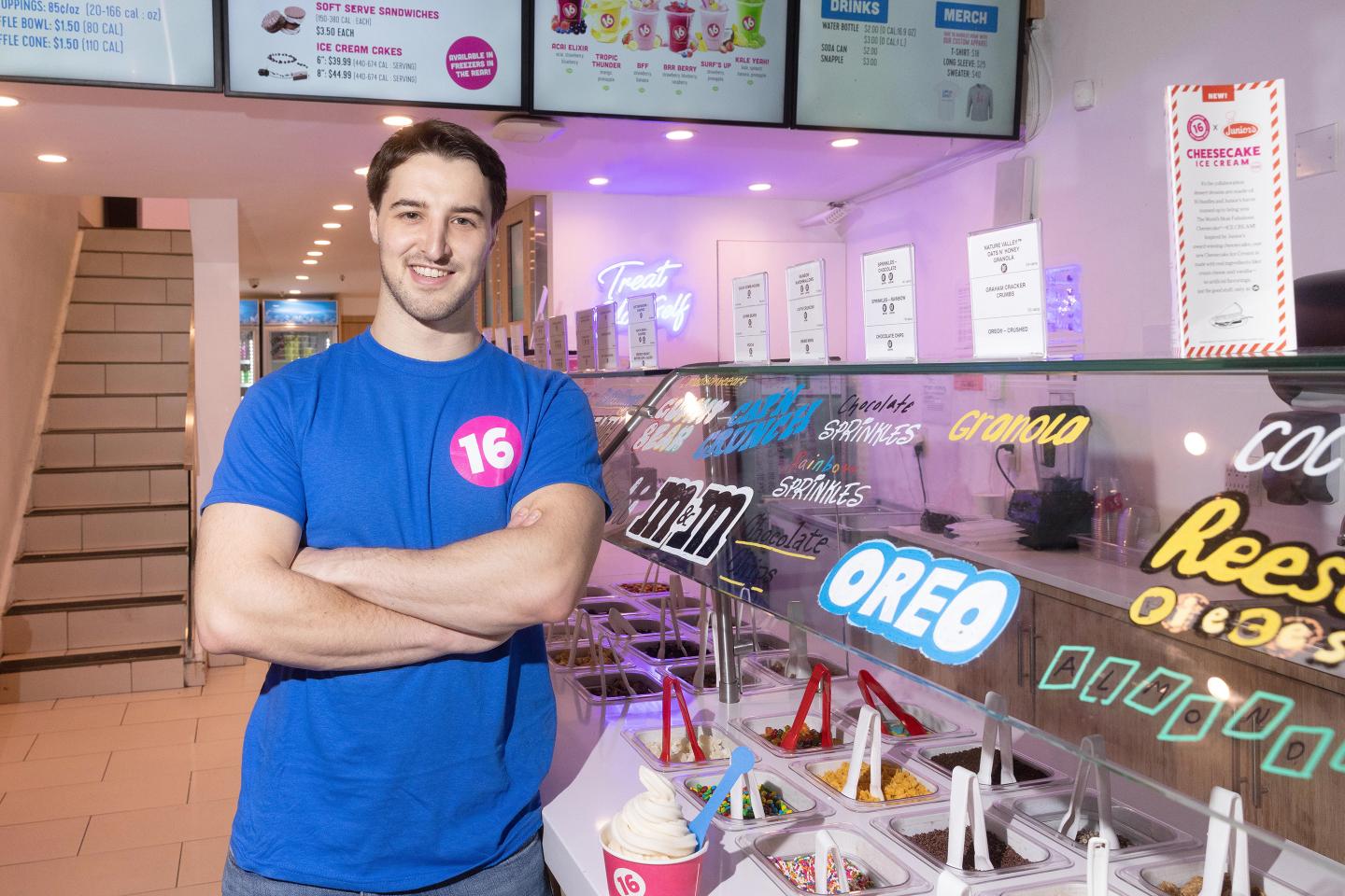 CEO of 16 Handles, Neil Hershman next to self-serve fro-yo