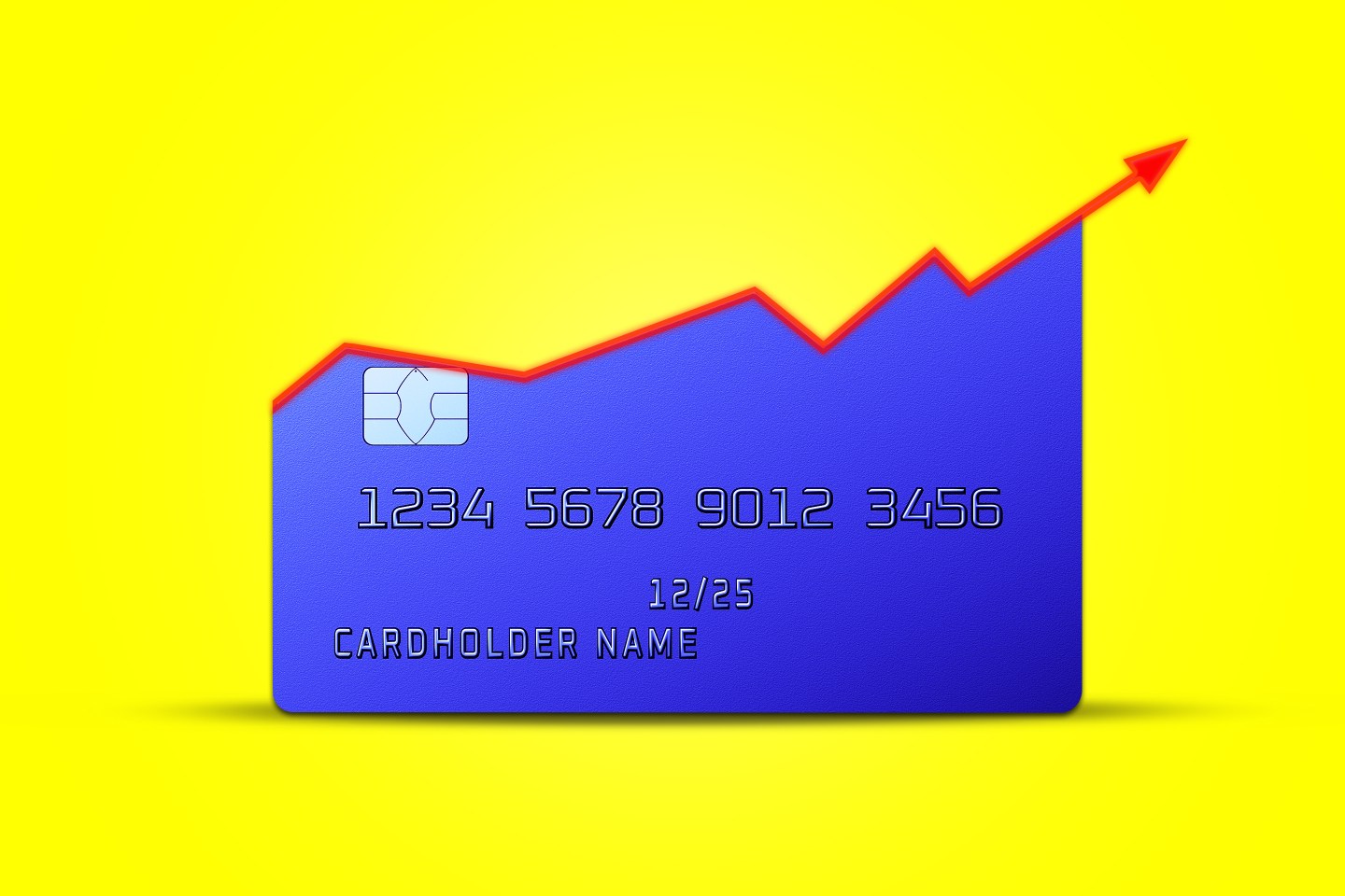 Photo illustration of a credit card with the top cut off by an upward moving interest rate trend line.
