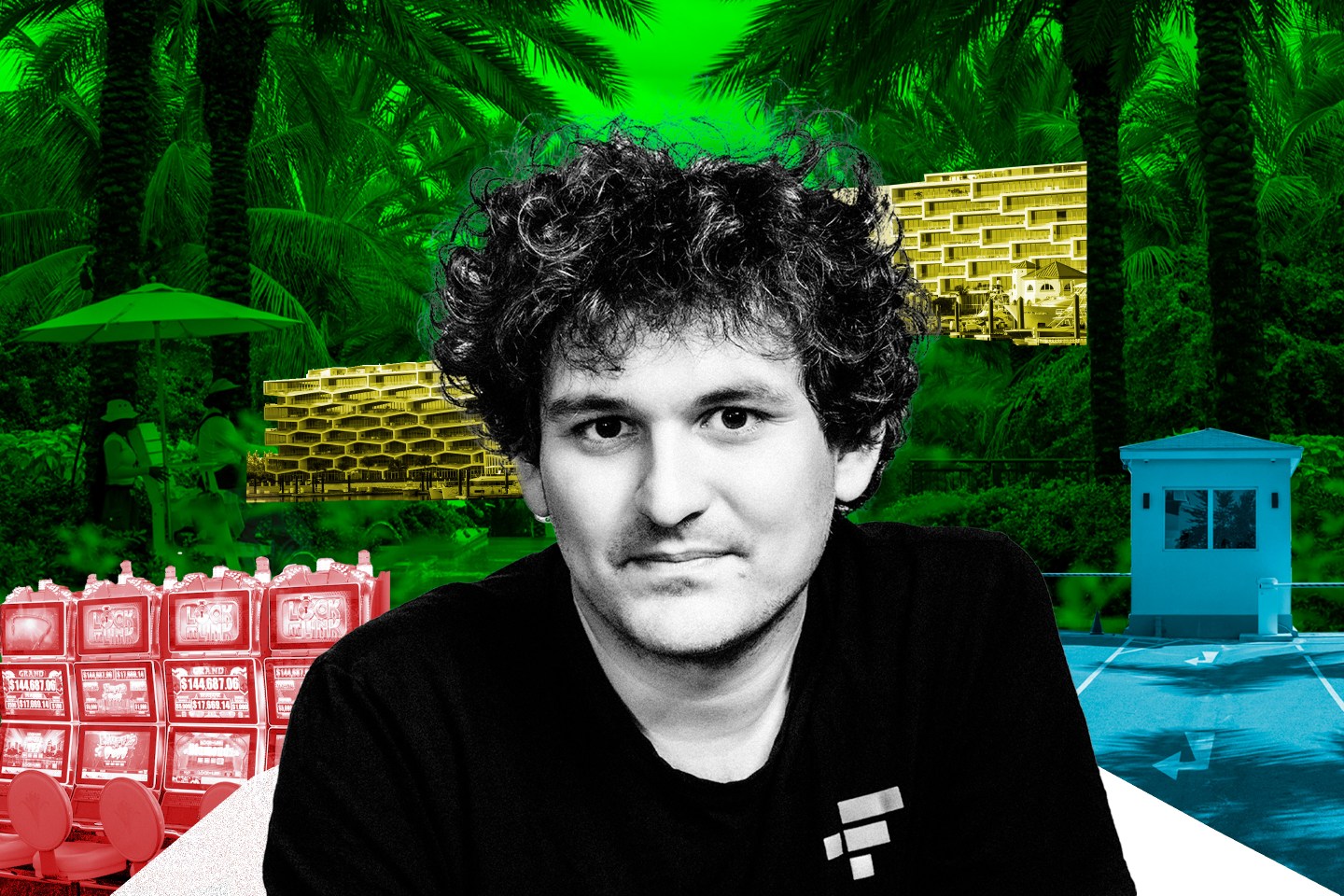 Photo collage of Sam Bankman-Fried with Bahamas imagery.
