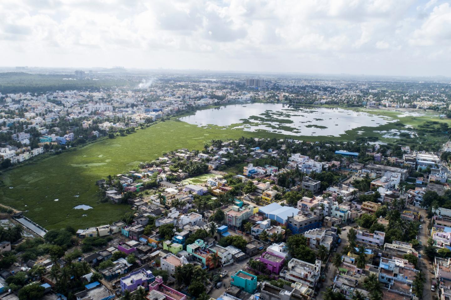 An aerial view of 100 acre Sembakkam Lake in Chennai.