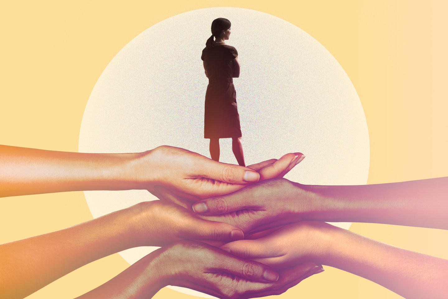 Photo illustration of a woman in business attire being held up by a pile of hands.