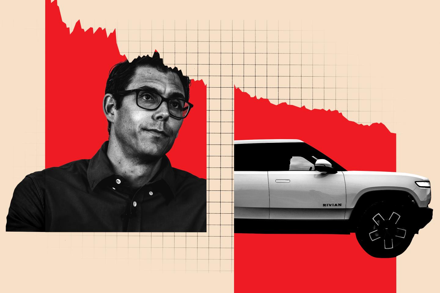 Photo illustration of RJ Scaringe, a Rivian truck, a red fever line, and a grid.
