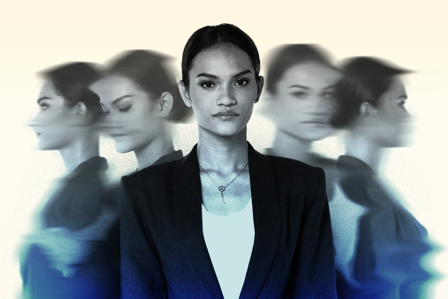 Photo illustration of a business woman in multiple facings, the central figure in focus, and the side figures blurry and glitching.