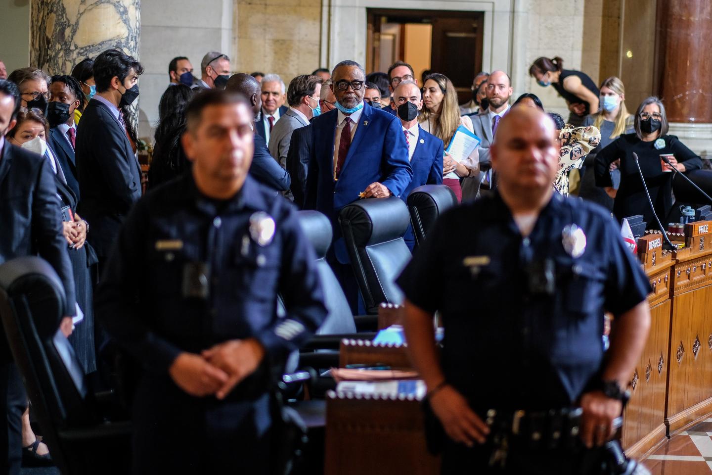 Los Angeles City Council members wait to start a Los Angeles City Council meeting on Oct. 12, 2022, in Los Angeles. 