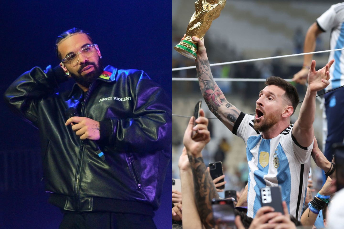 Drake performs onstage; Lionel Messi of Argentina celebrates with the World Cup trophy