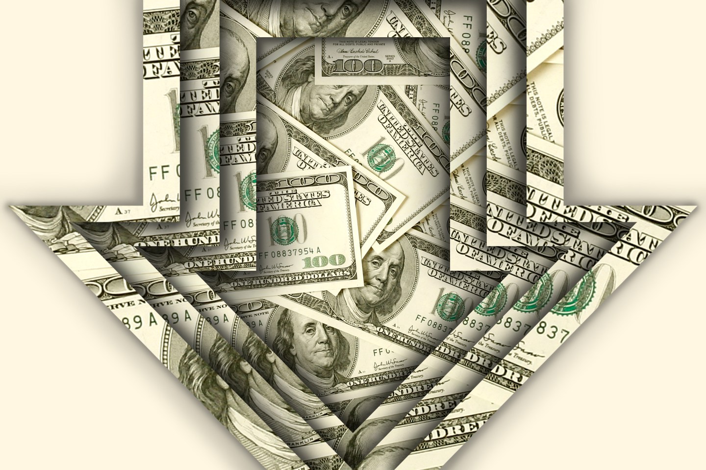 Photo illustration of a downward arrow made of $100 bills that is shrinking toward the center.