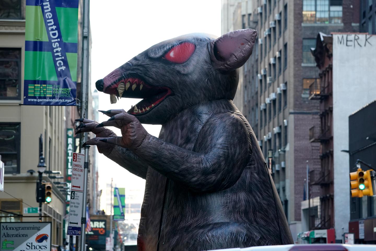 A giant inflatable rat in New York City.
