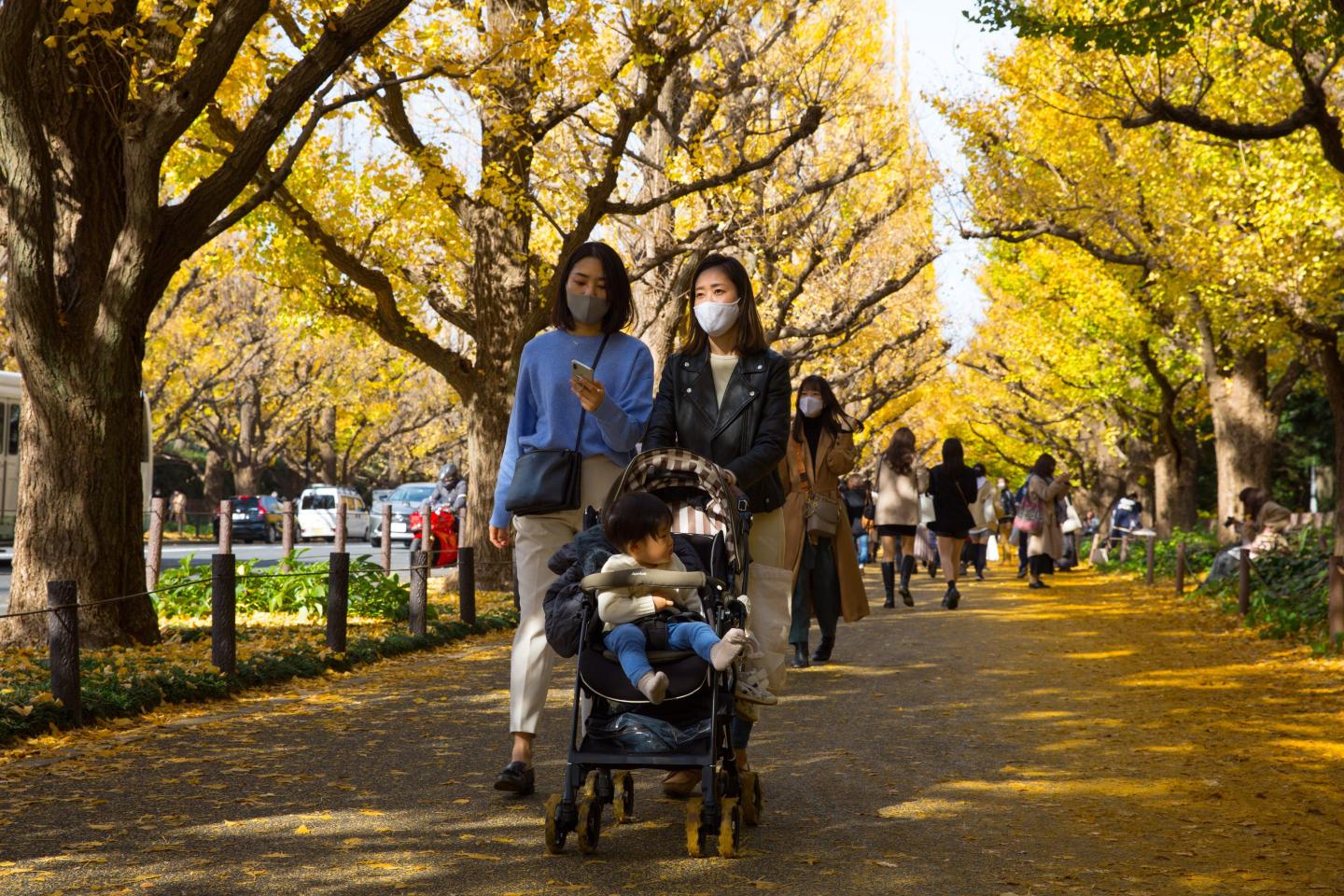 Two women in Japan wearing face masks push a baby stroller in a park in 2020