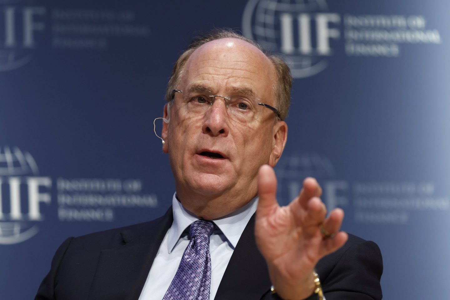 Larry Fink, chairman and chief executive officer of BlackRock, speaks during the Institute of International Finance (IIF) annual membership meeting in Washington, DC, US, on Wednesday, Oct. 12, 2022.