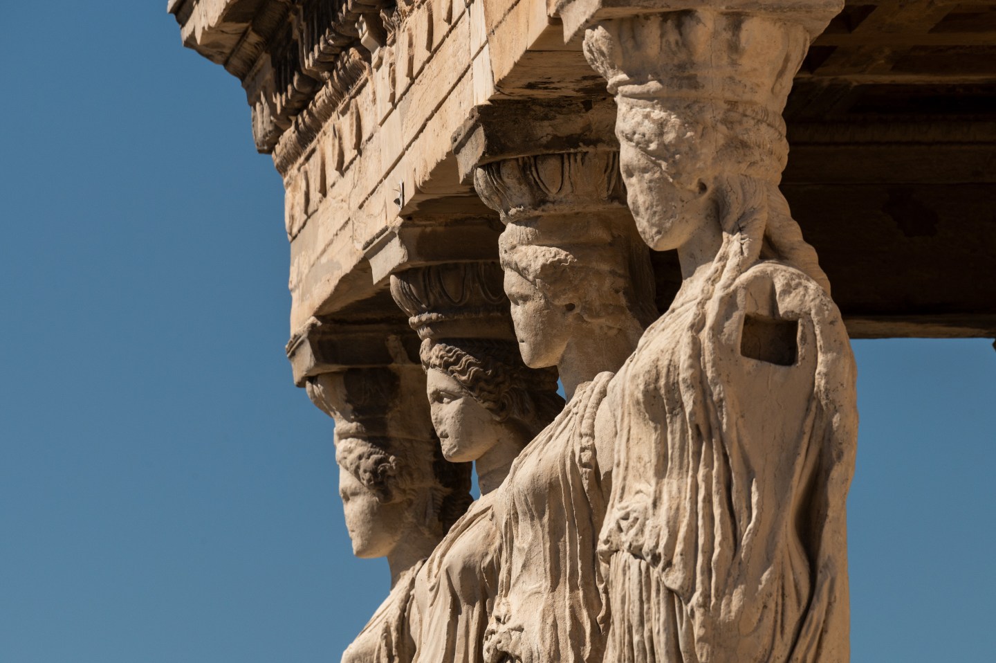 Detail of the Porch of the Maidens (or Caryatid Porch) from The Erechtheion (also known as Temple of Athena Polias) in The Acropolis of Athens.