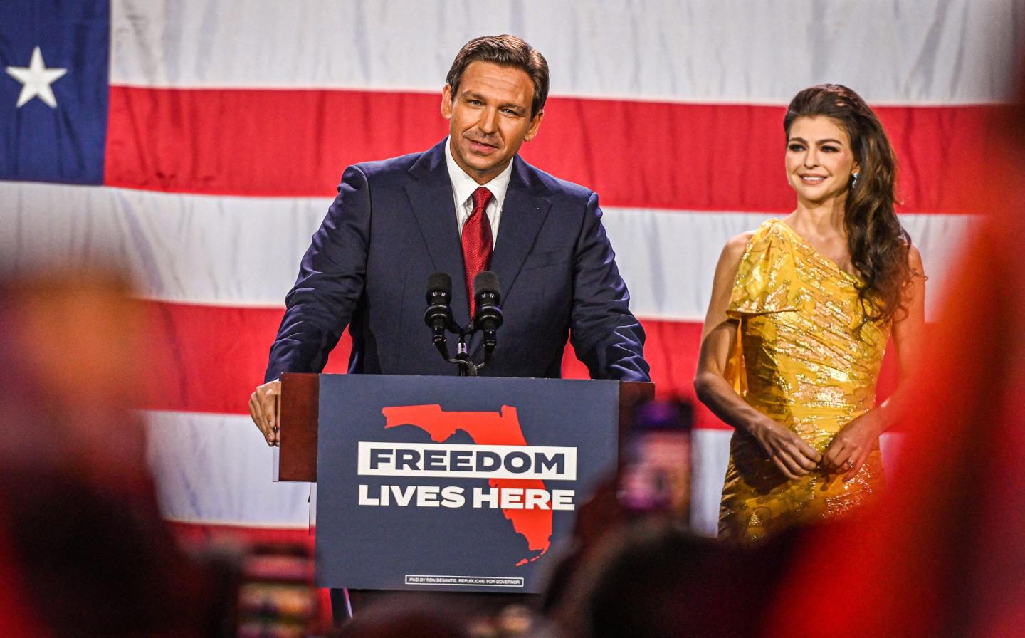 Republican gubernatorial candidate for Florida Ron DeSantis with his wife Casey DeSantis speaks during an election night watch party at the Convention Center in Tampa, Florida, on November 8, 2022.