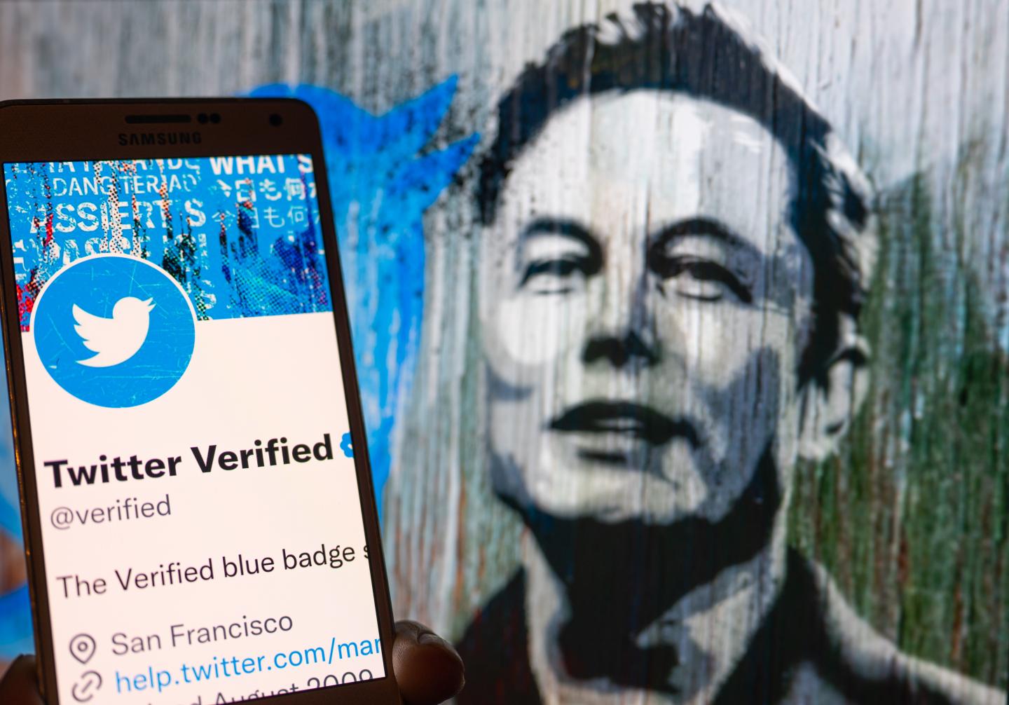A painting of Elon Musk next to a phone with the Twitter logo