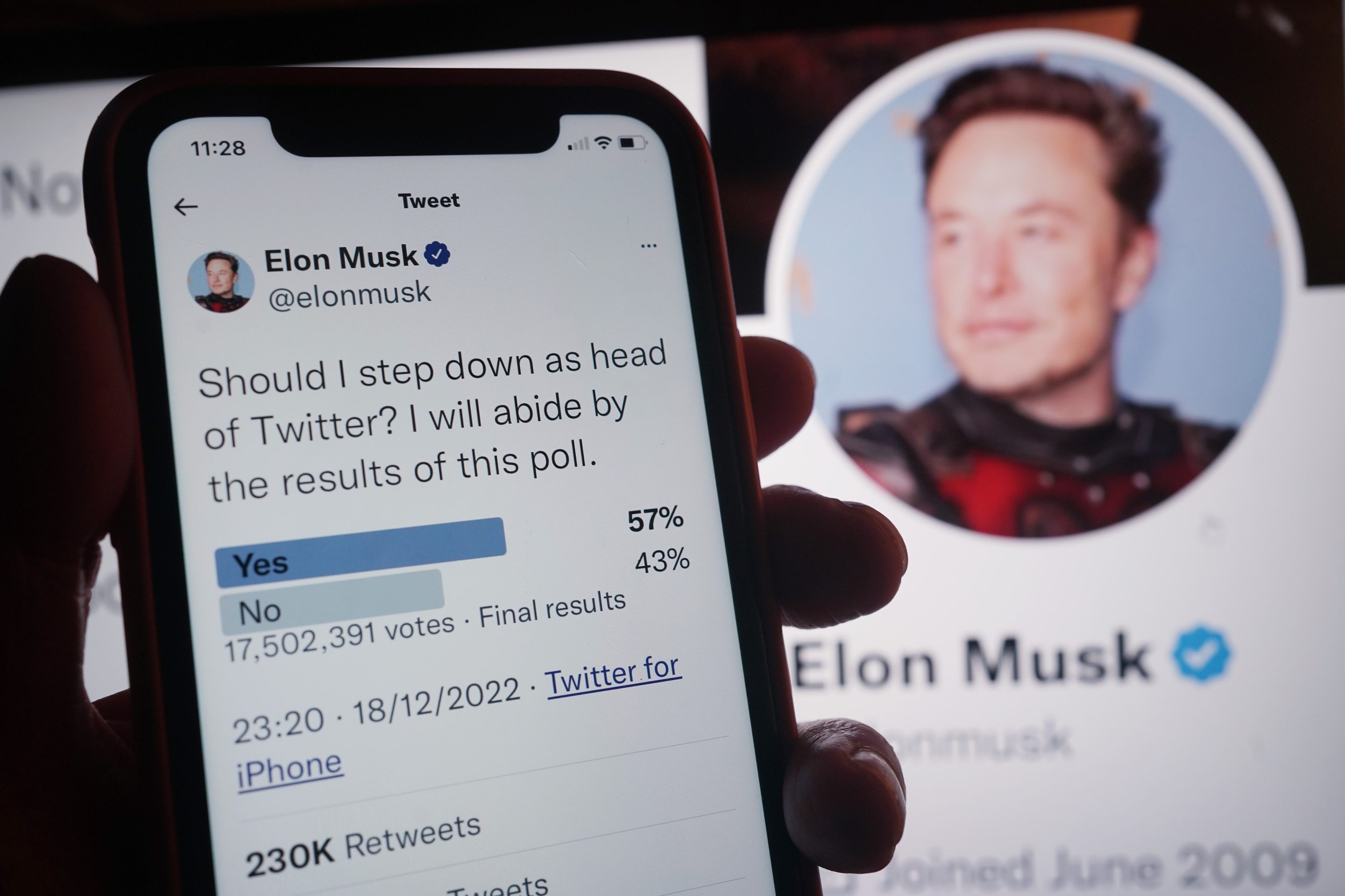 General view of twitter poll result, displayed on a mobile phone