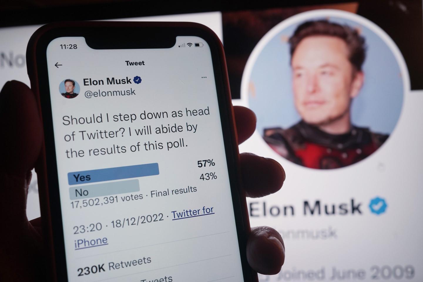 General view of twitter poll result, displayed on a mobile phone