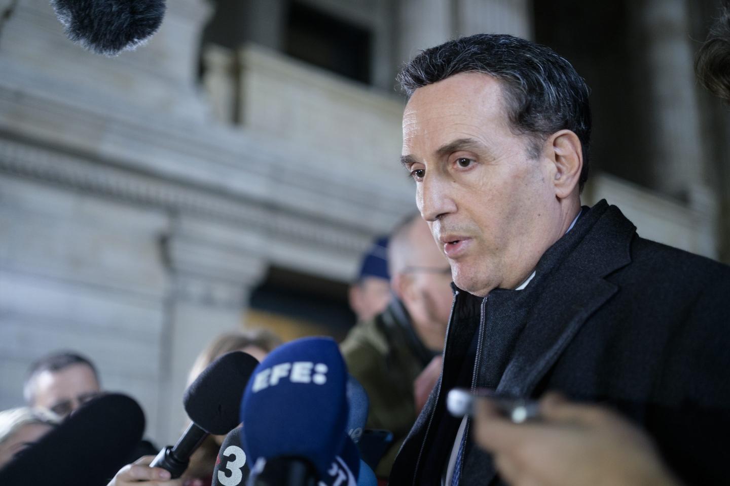 Greek lawyer of Eva Kaili: Michalis Dimitrakopoulos is talking to media after the audition of his client in the Brussels Palace of Justice