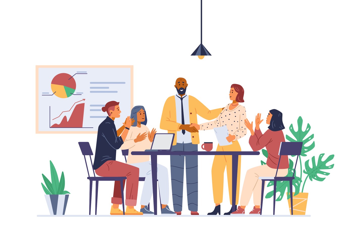 Illustration of a group of people in an office welcoming a new colleague
