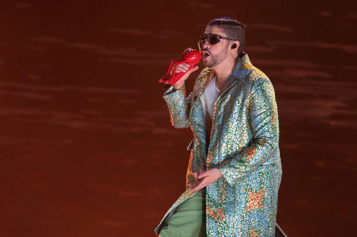 Bad Bunny performs during his first concert at Azteca Stadium as a part of World's Hottest Tour on December 9