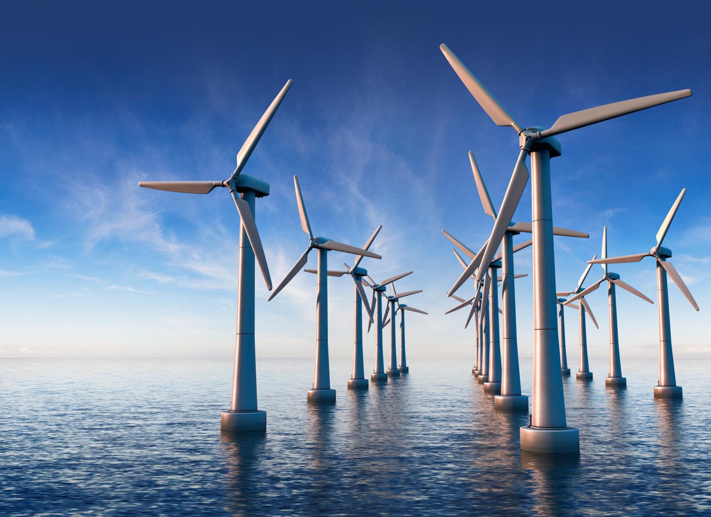 A wind farm on the ocean.