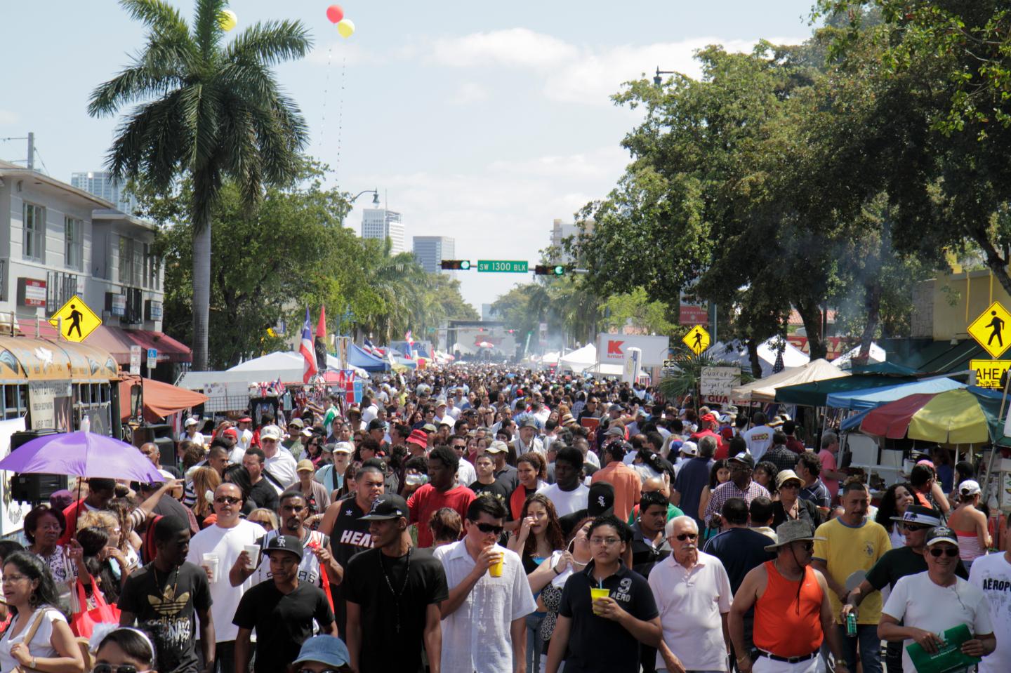 A crowd gathers for the Calle Ocho street festival in Miami