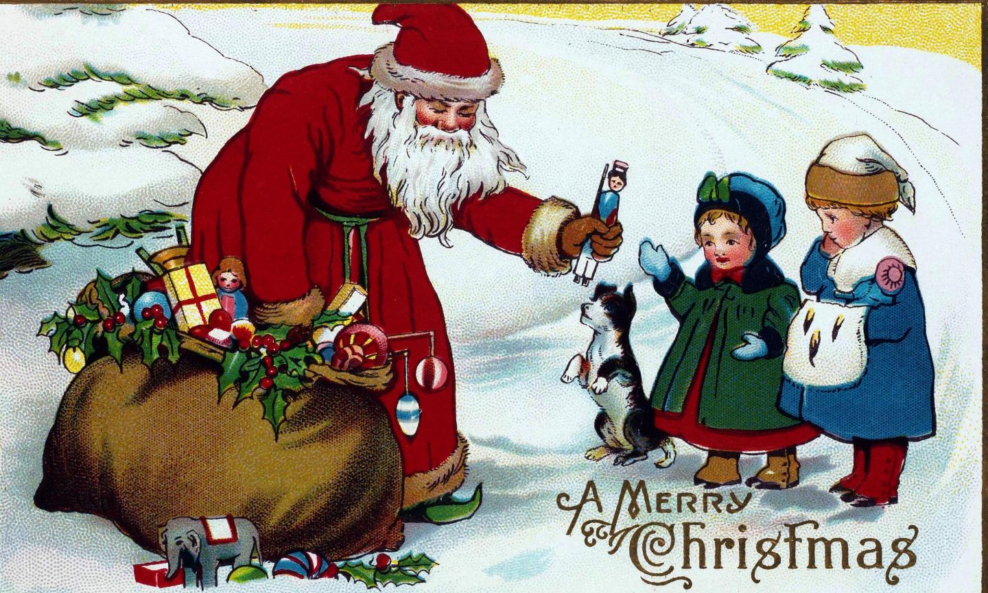 A Victorian-era Christmas card featuring Santa Claus