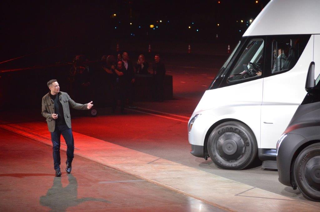 Tesla CEO Elon Musk first unveiled the "Semi" electric Truck to buyers and journalists on Nov. 16, 2017 in Hawthorne, Calif.