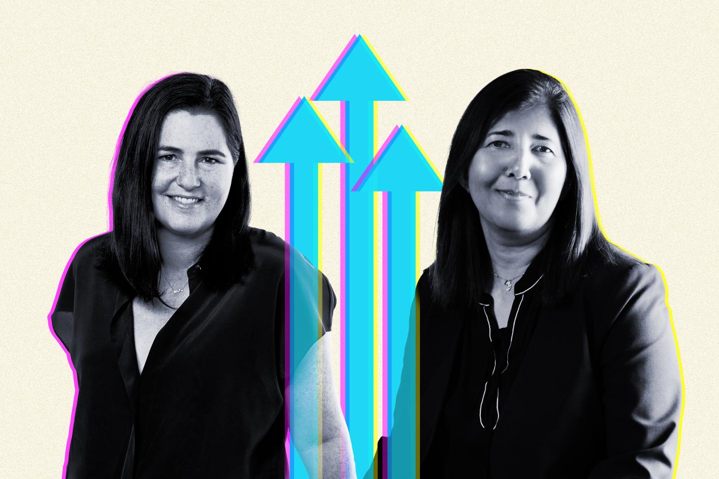 Photo illustration of Mandy Ginsberg and Shar Dubey with upward arrows.