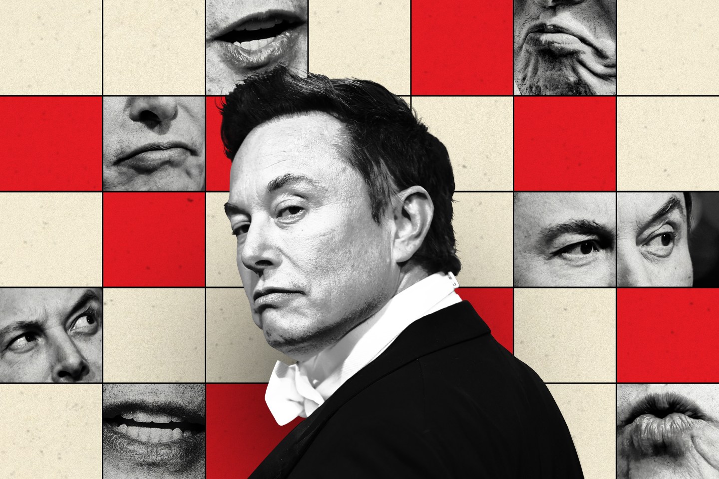 Photo illustration of Elon Musk over a grid showing different close ups of his face.