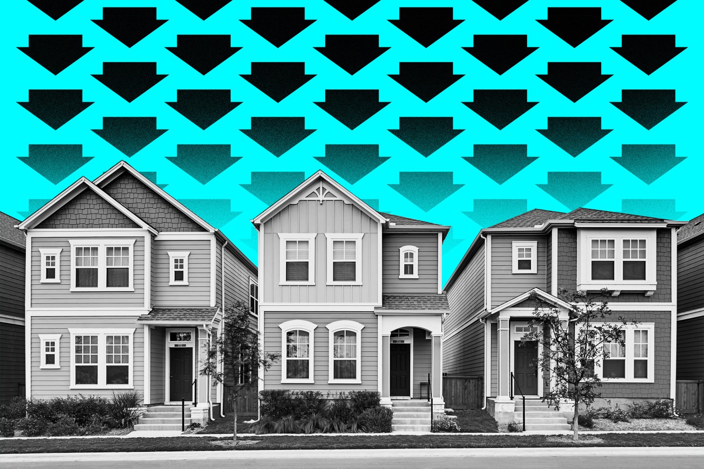 Artistic rendering of a row of houses with down arrows above them, symbolizing falling home prices