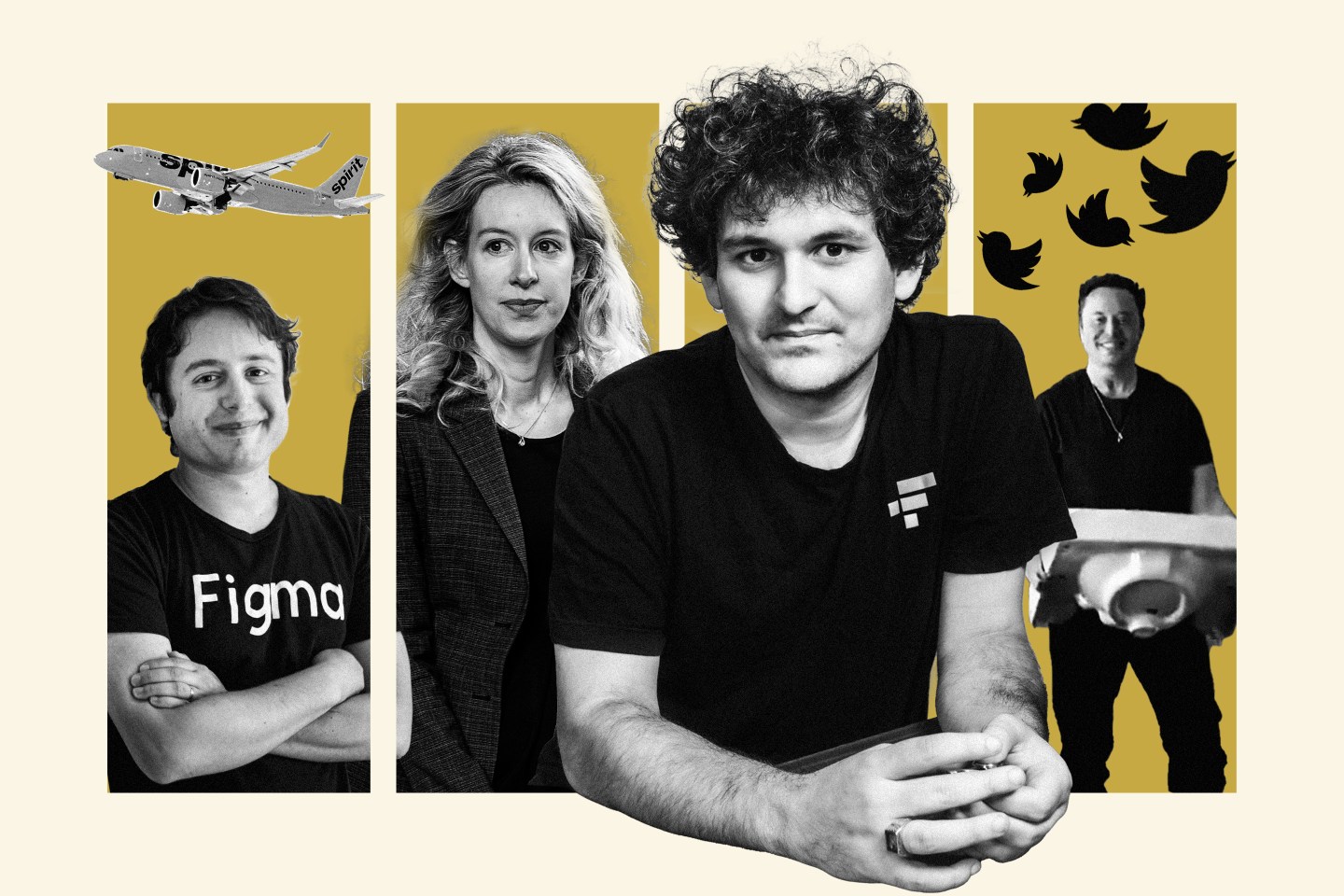 A photo collage of Figma CEO Dylan Field, Theranos founderElizabeth Holmes, former FTX CEO Sam Bankman-Fried, and Twitter CEO Elon Musk