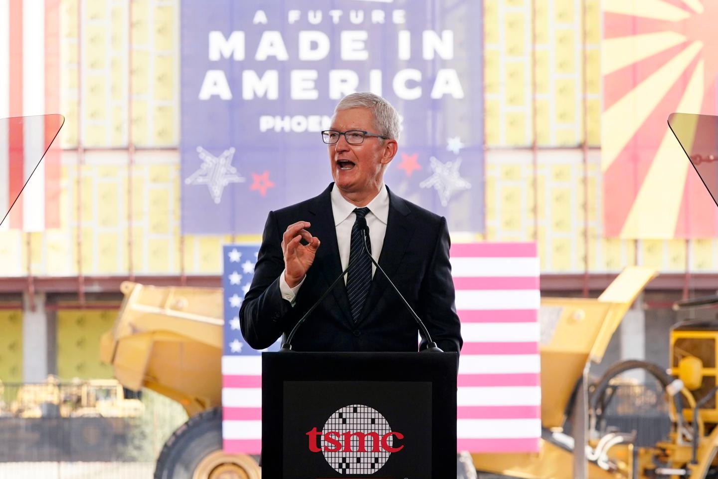 Apple CEO Time Cook speaking in front of the new Taiwan Semiconductor Manufacturing Company facility under construction in Arizona