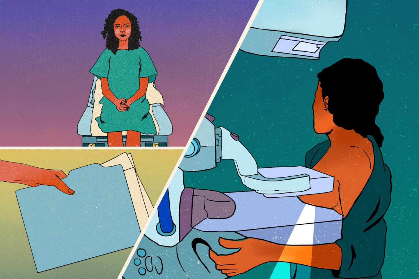 Illustrated collage of a woman waiting for a mammogram