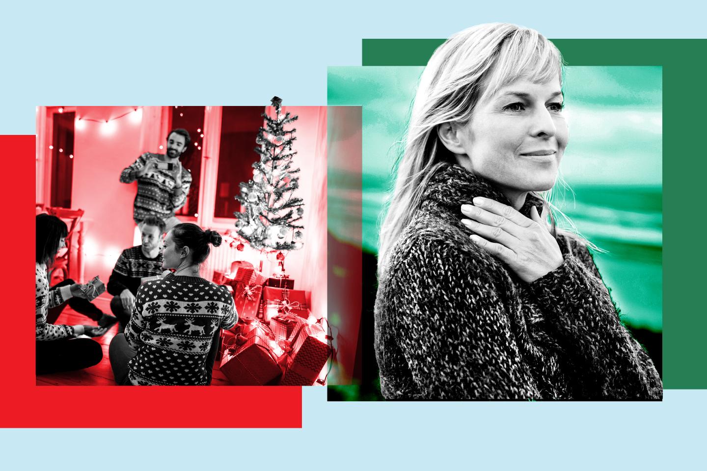 Photo illustration of an image of a family celebrating Christmas together vs. a photo of a woman in front of the sea looking happy.