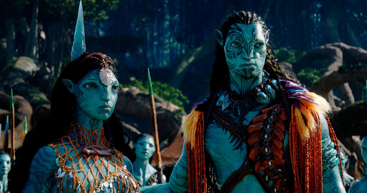 Kate Winslet, as Ronal, left, and Cliff Curtis, as Tonowari, in a scene from "Avatar: The Way of Water."