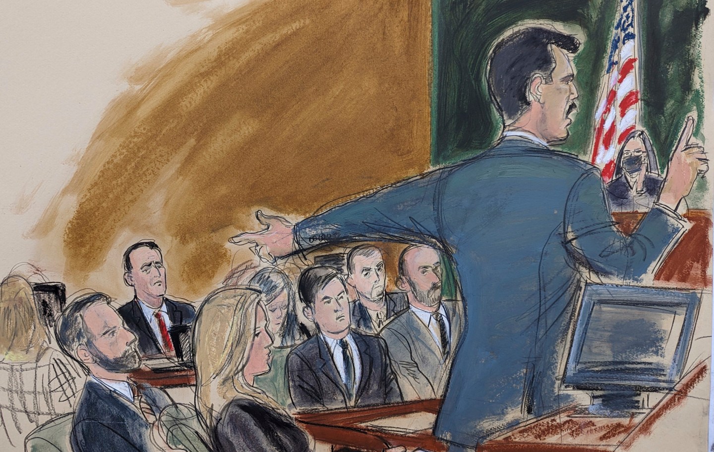 Assistant US Attorney Victor Zapana gives his opening statement while pointing to Hernan Lopez far left in red tie, in Brooklyn federal court, Jan. 17, 2023, in New York.
