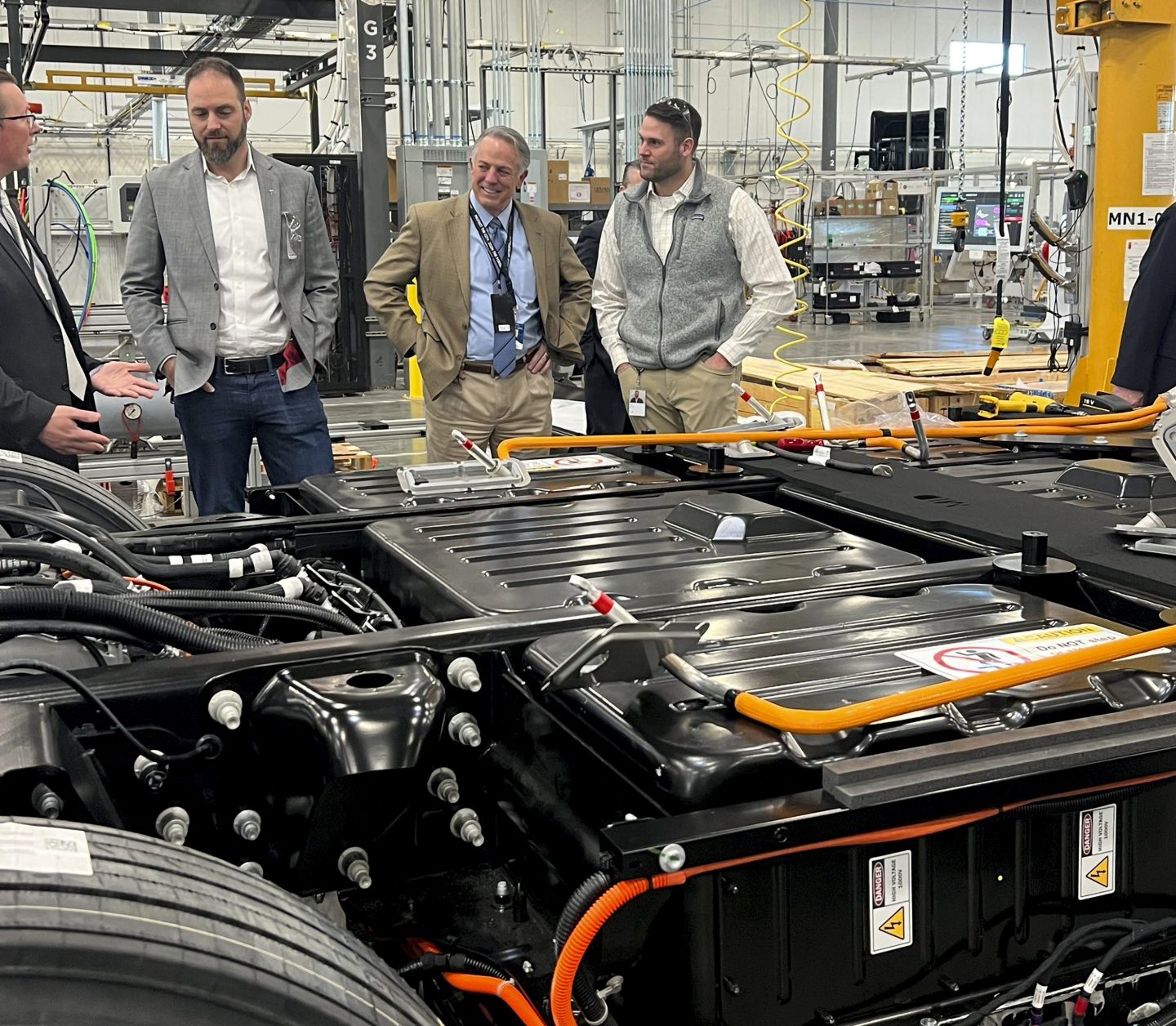 Nevada Gov. Joe Lombardo, center, during a tour of the Tesla Gigafactory on Jan. 24, 2023 at the Truckee-Reno Industrial Center east of Sparks, Nev.