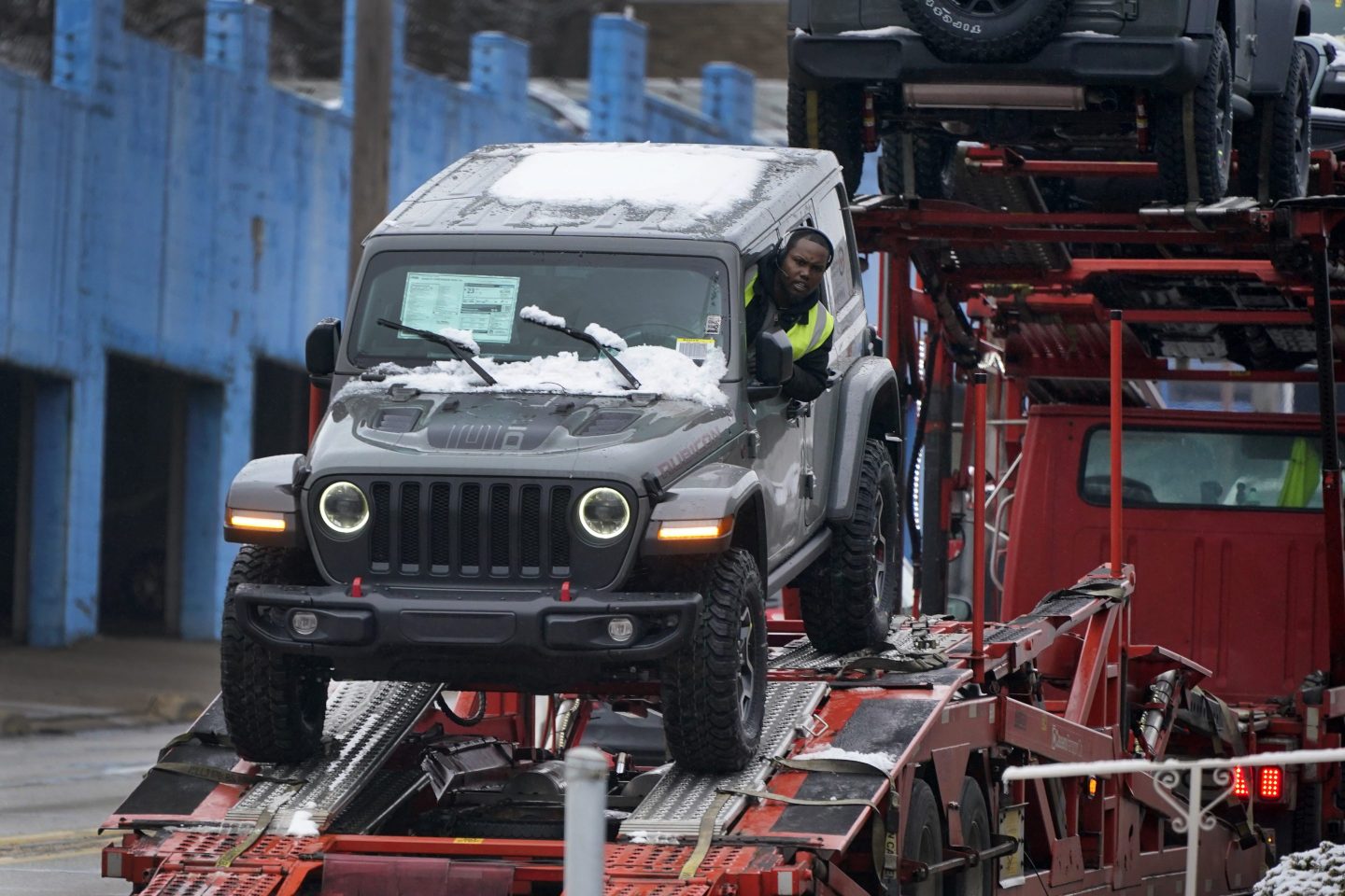 A new Jeep is delivered to a dealership in Pittsburgh on Monday, Jan. 23, 2023.
