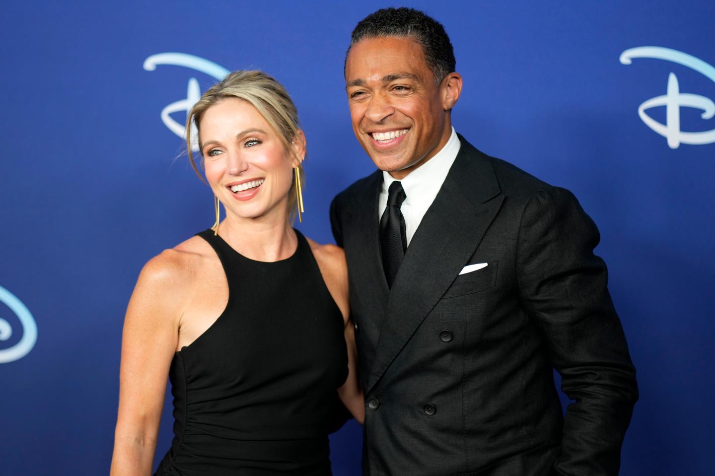 Amy Robach, left, and T. J. Holmes appear the Disney 2022 Upfront presentation on May 17, 2022, in New York.