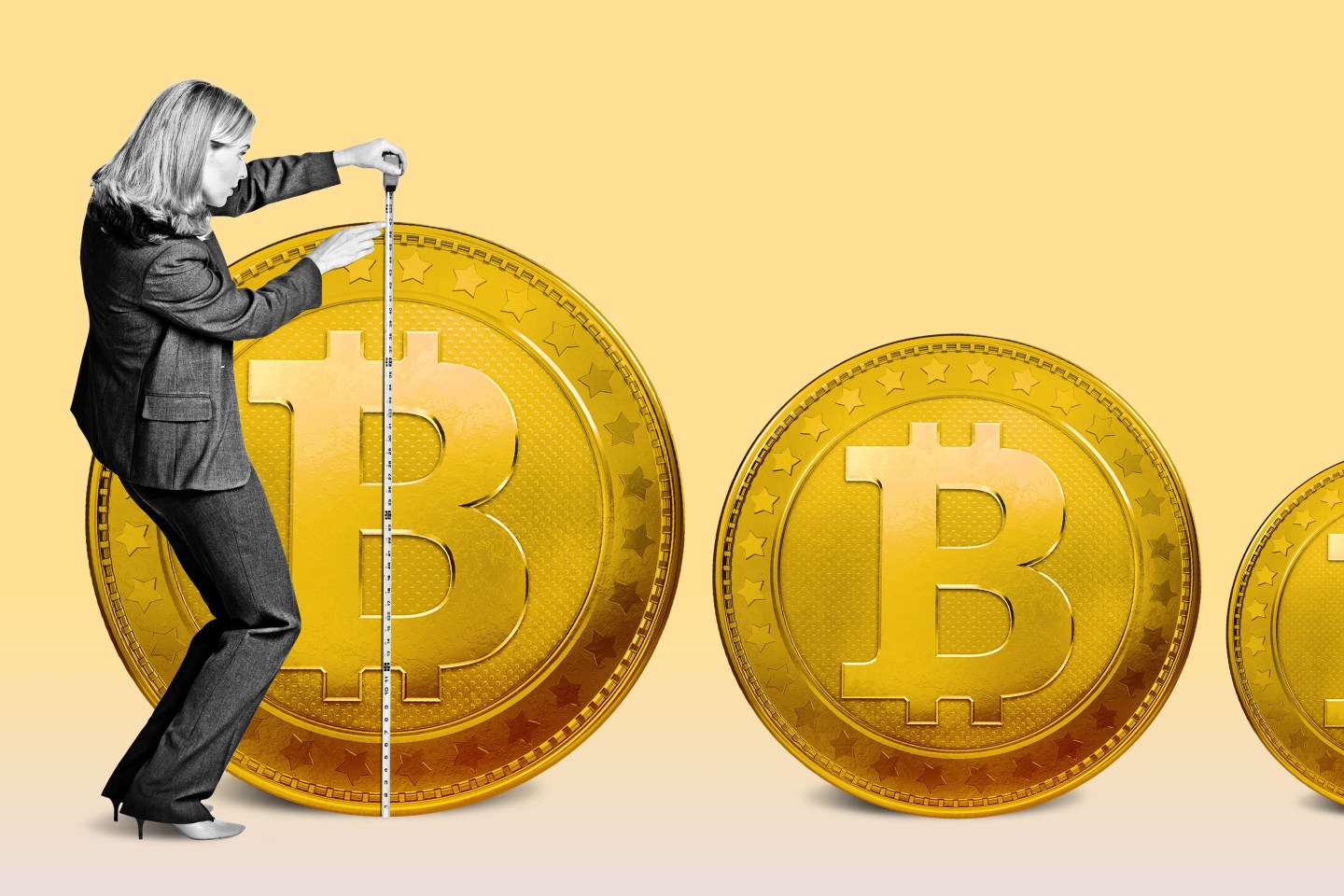 Woman measuring Bitcoins