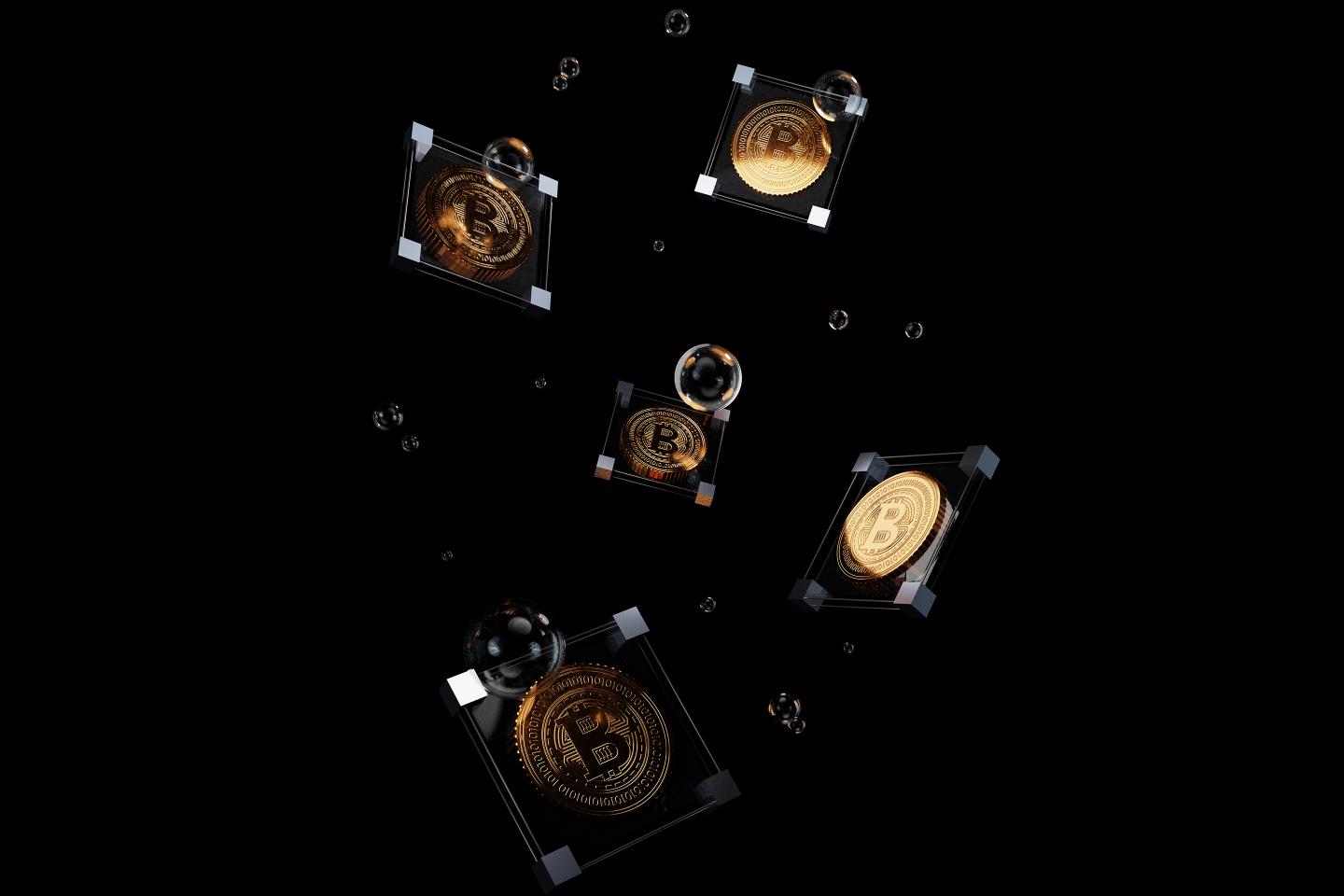 3D Golden Crypto Coins Inside Square Glass And Bubbles On Black Background.