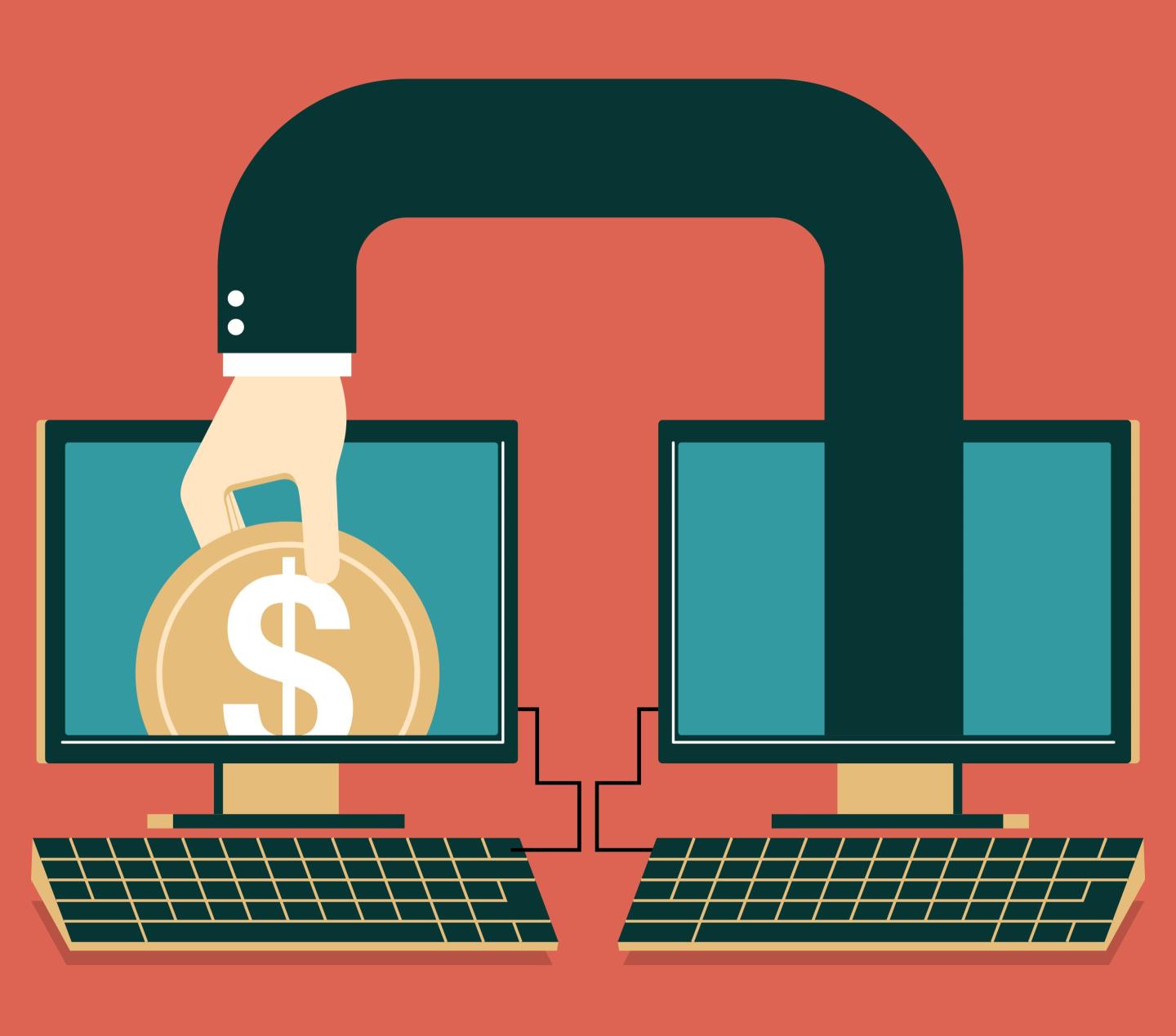 An illustration of an arm reachout out of a computer monitor into another monitor, stealing a digital currency