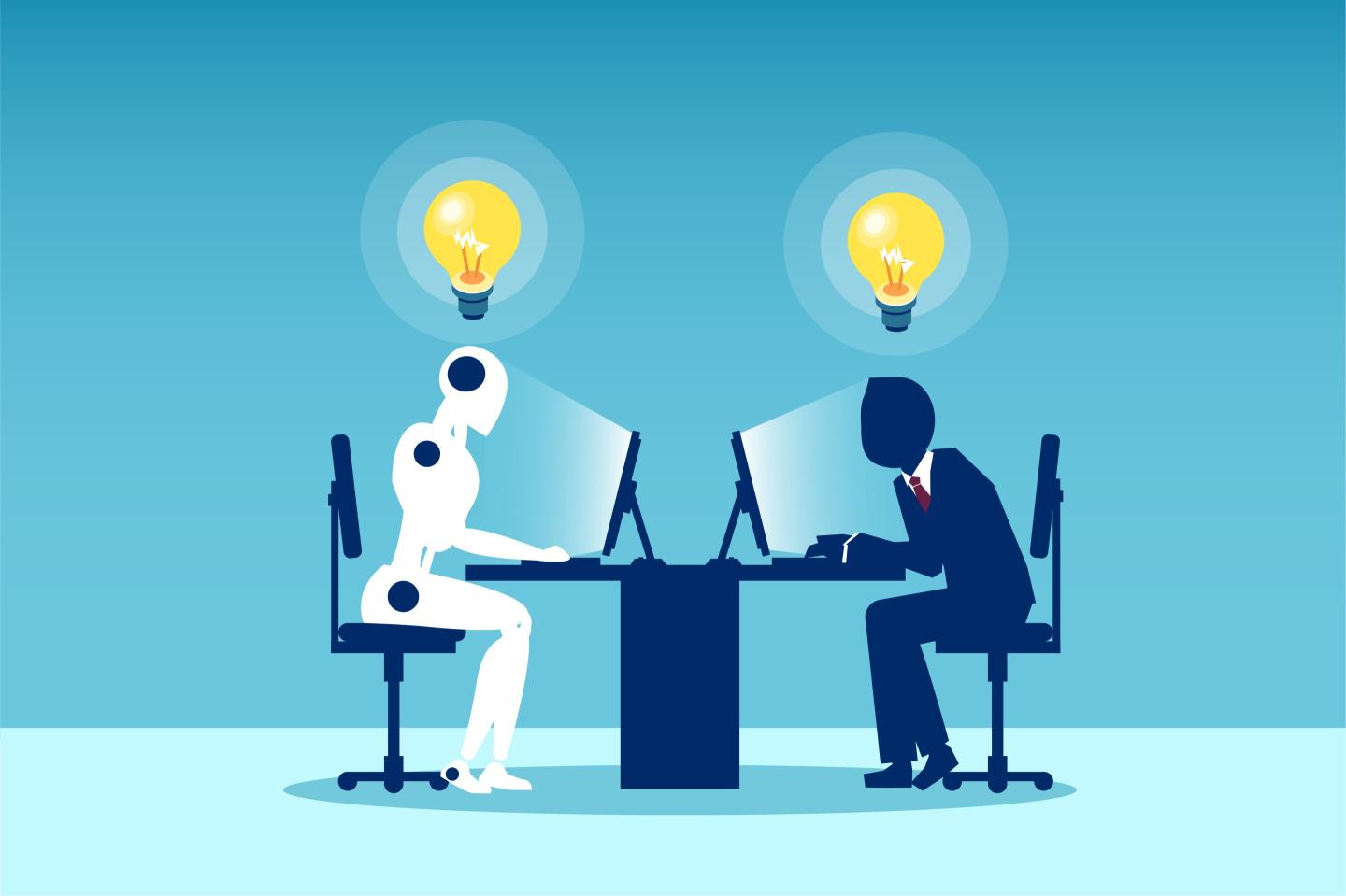 Illustration of a man working with a robot sitting at table.