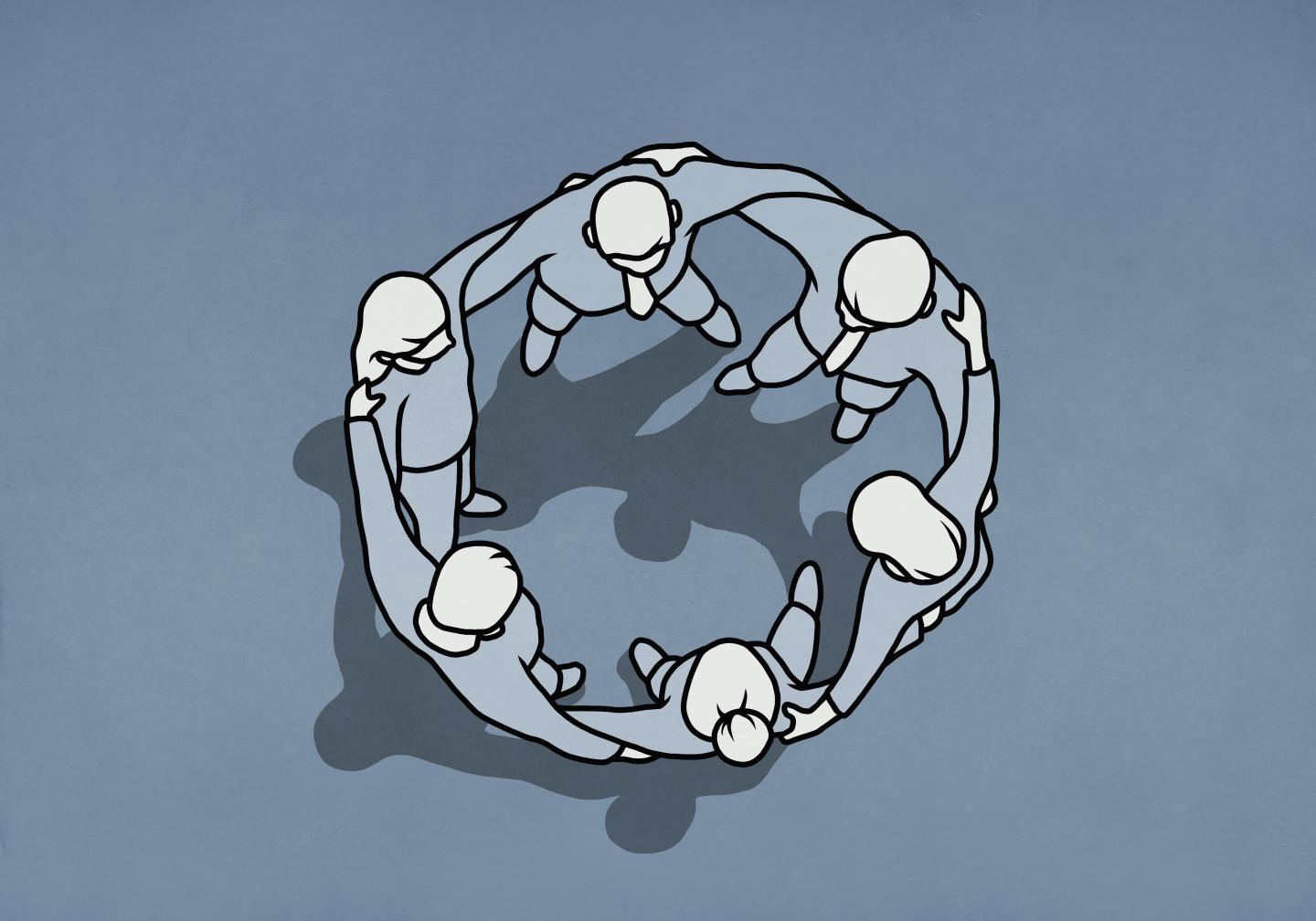 An illustration of business people standing in huddle circle