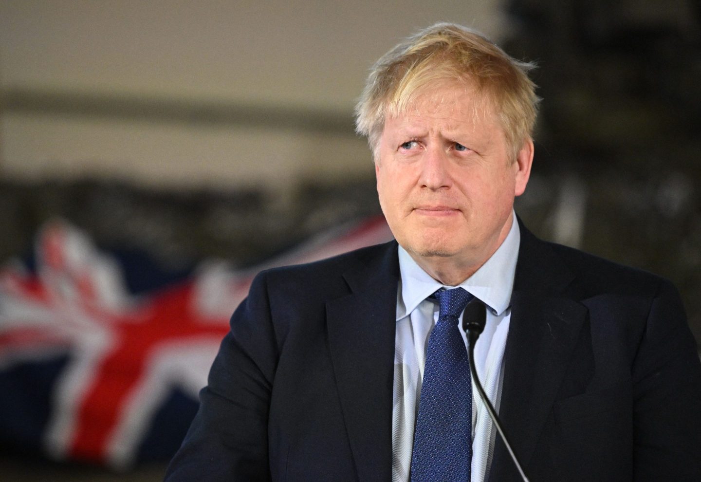 British Prime Minister Boris Johnson speaks during a joint press conference with Prime Minister of Estonia and Secretary General of NATO at the Tapa Army Base on March 1, 2022 in Tallinn, Estonia.